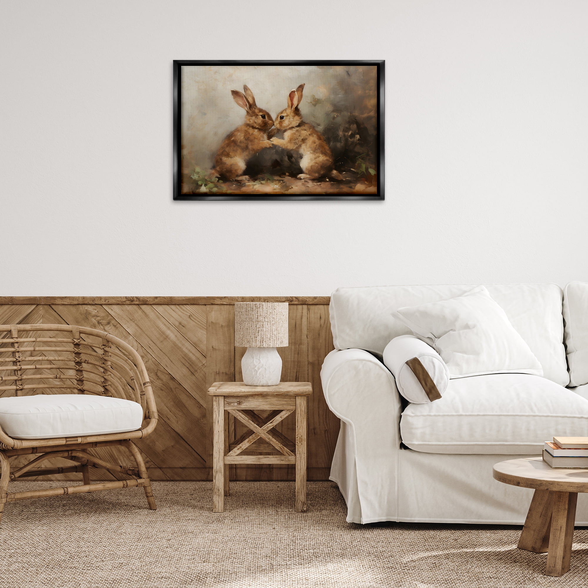 Stupell Industries Bunny Boxing Duo Animals & Insects Painting Black Floater Framed Canvas Art Print Wall Art, 31 x 21