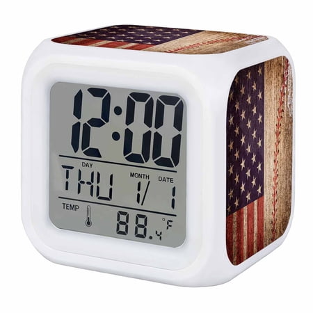 American Flag Vintage Digital Alarm Clock for Bedrooms, Smart LED Alarm Clock with 7 Color Changing Night Light, Farmhouse Baseball Blue Red Silent Wake Up Clocks for Sleep Study Cooking 3.2x3.2