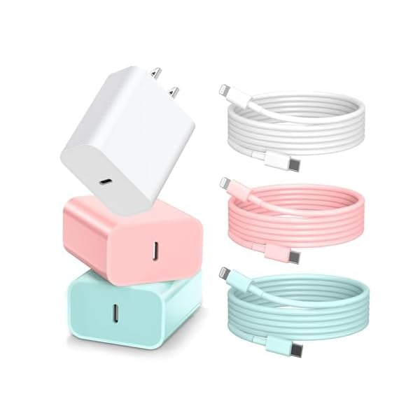 LinQingQ Phone Charger Fast Charging, 3 Pack 20W Type C Wall Charger Block, Fast Charging 20W Power Adapter Cube Compatible with Phone 14/Pro/Pro Max/Plus/13/12/11, XS/XR/X, Pad, Samsumg (White Pink B
