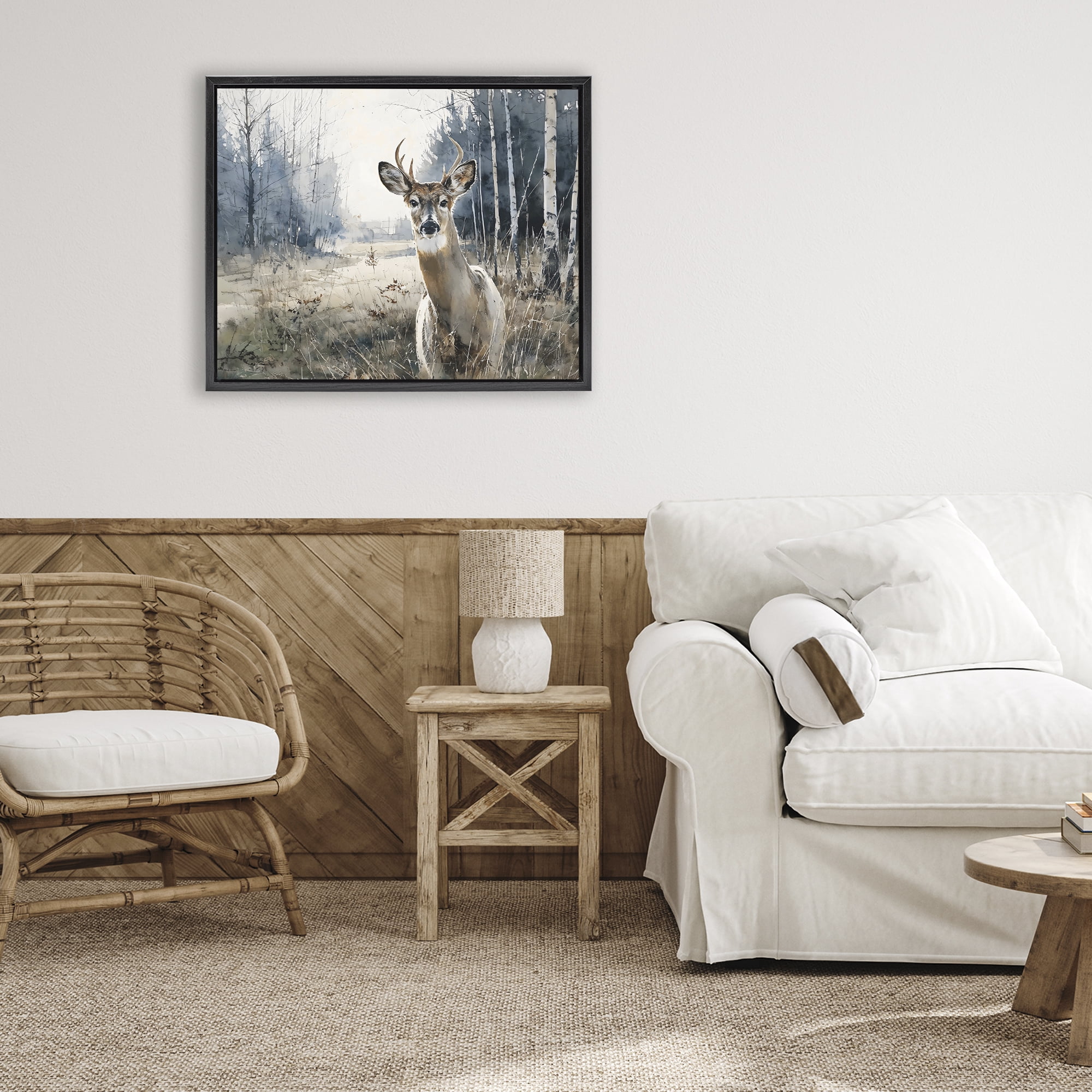 Stupell Industries Deer in Winter Wilderness Black Framed Floater Canvas Wall Art, design by Franklyn Gregory