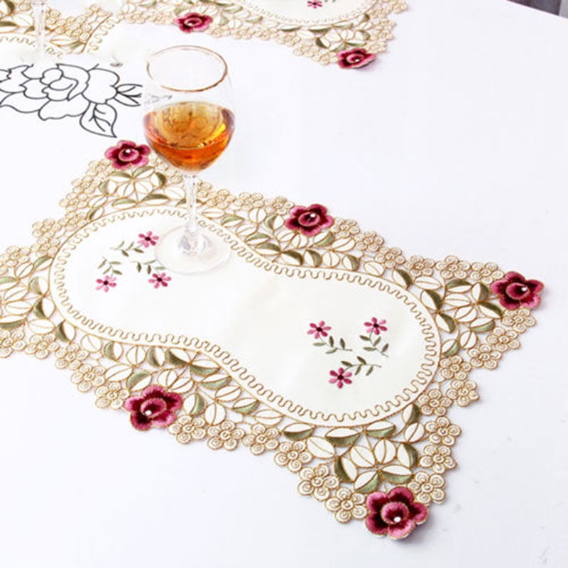 placemats vintage floral table mat kitchen table mat Vintage beige white pink cotton fabric Hand embroidery rectangle table mat 3
