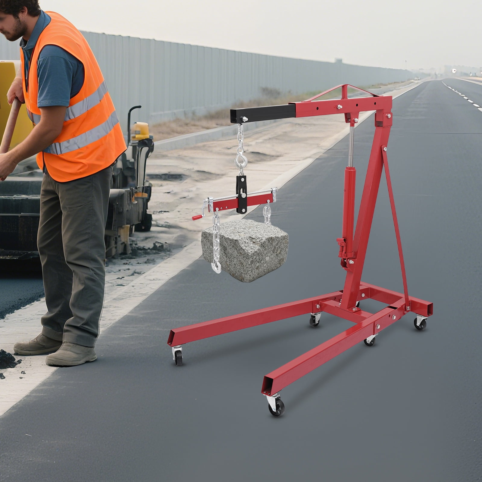 YIYIBYUS 2T Folding Hydraulic Crane Hydraulic Crane with Engine Leveler & Wheels Heavy-Duty Cherry Picker Shop Crane Oldable Engine Crane Red