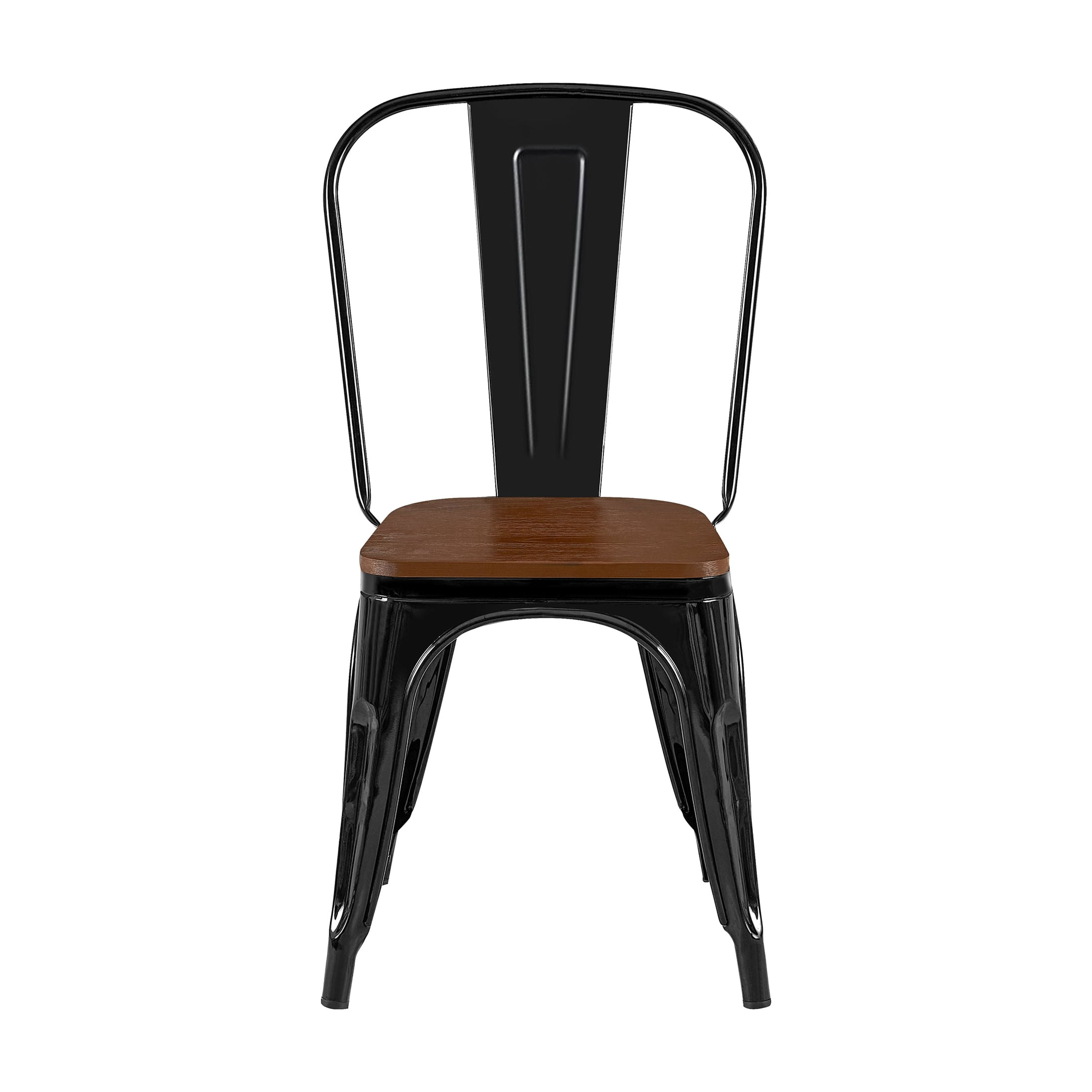 High Gloss Black with Walnut Wooden Seat Industrial Metal Dining Chairs 18 Inch Seat Height Stackable, Set of 2