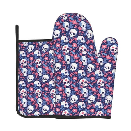 

Gaeub Skull cartoon flower Print Oven Mitts and Pot Holders Sets of 2 Heat Resistant Pad Cooking Gloves for Baking BBQ Home Decor