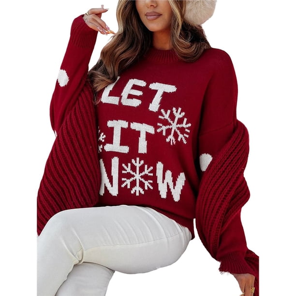 Suéteres Navideños para Mujer con Estampado Navideño, Corte Holgado, Larga, Estilo Pullover Rojo XXL