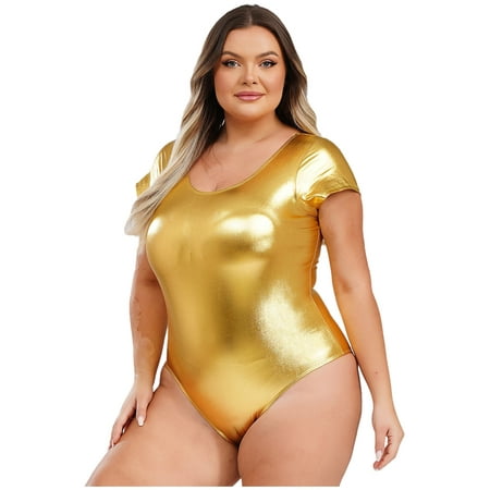 Aiihoo Plus Size Shiny Metallic Bodysuit for Women Short Sleeve Scoop Neck Glossy Leotards Gold XXL
