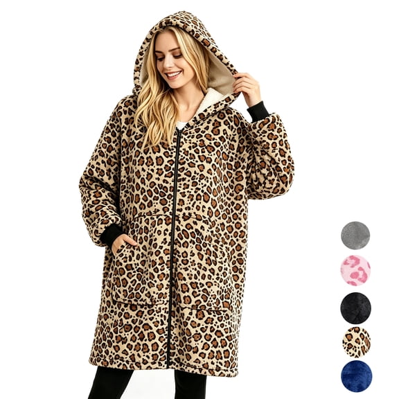 Wearable Blanket Hoodies for Women Men with Pocket, Zipper-up Adult Fuzzy Blanket Hoodies, Soft and Warm Sherpa Oversized Sweatshirt Blanket, Cute Birthday Gifts,, Yellow Leopard