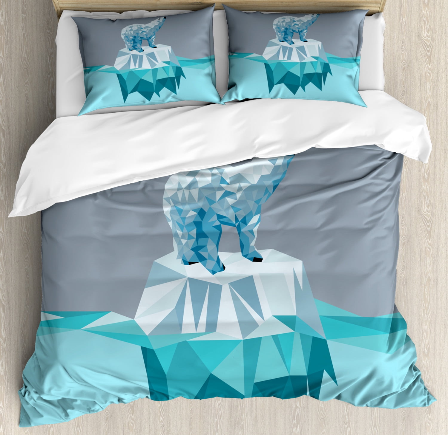 Polar Bear Duvet Cover Set King Size, Fractal Style Polar Bear Iceberg