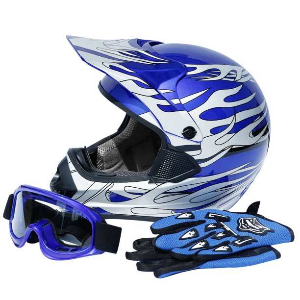 TCMT DOT Adult Motorcycle Helmet Blue Flame With Goggles Gloves for