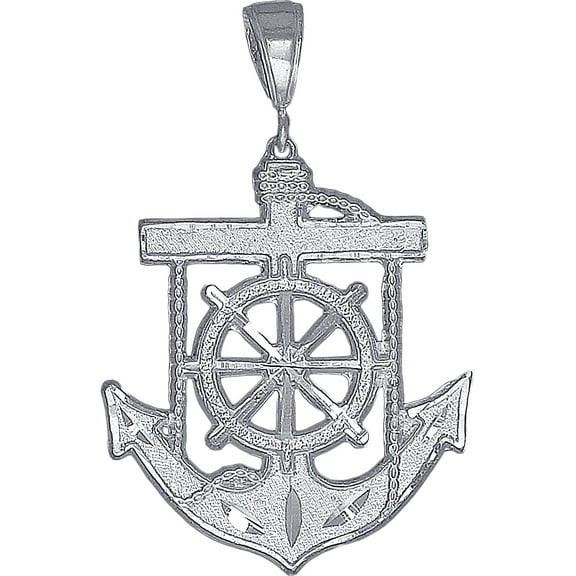 Sterling Silver Anchor Cross Pendant Necklace 2.15 Inches 6.8 Grams Diamond Cut Finish with Figaro Chain