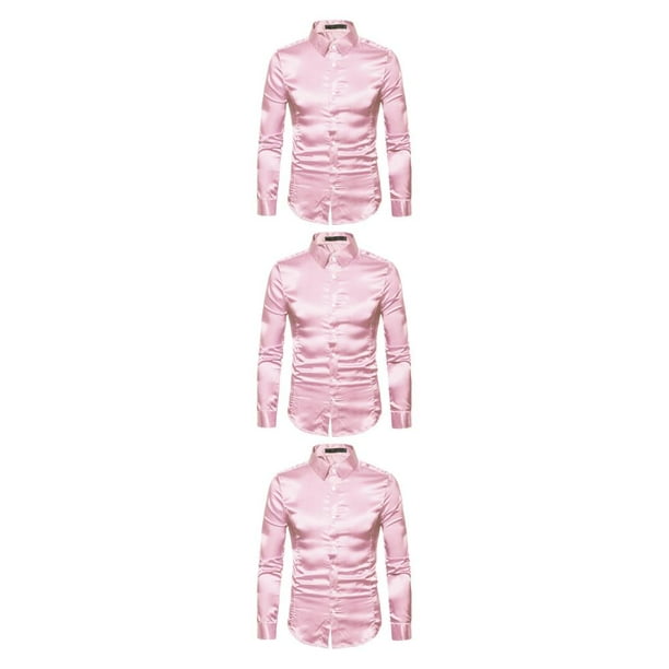 Sonducket Camisa transpirable para hombre Satén con mangas largas - Trabajo Boda o hogar Camisa para hombre Manga larga formal Rosa grande S Type1 NO1