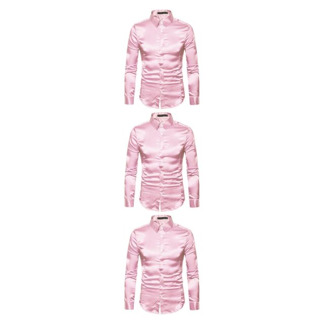 Sonducket Camisa transpirable para hombre Satén con mangas largas - Trabajo Boda o hogar Camisa para hombre Manga larga formal Rosa grande S Type1 NO1