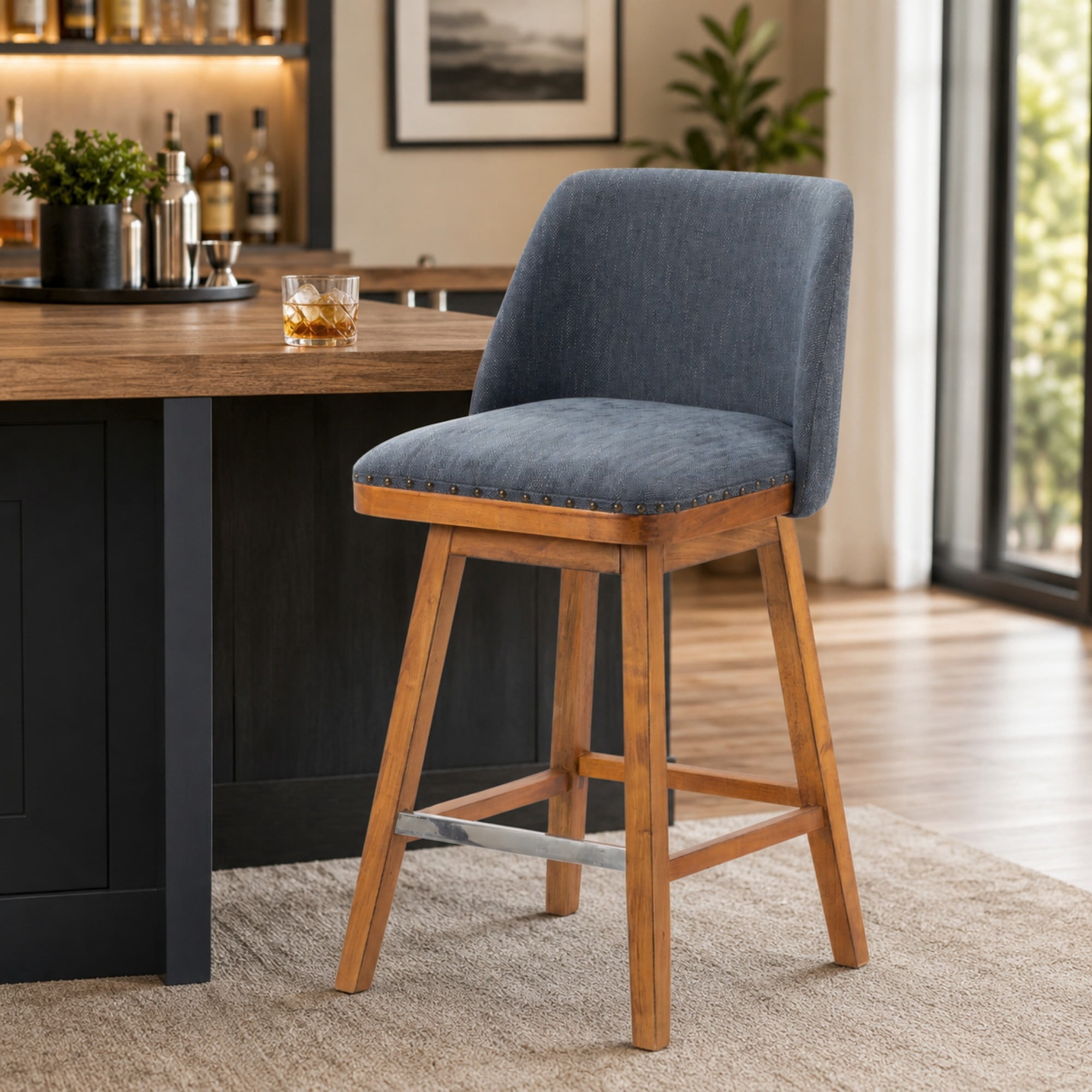 BSHTI 18.9" Linen Swivel Barstool with Back Support, Foam Seat, Wood Frame, Footrest for Dining Rooms（Blue）