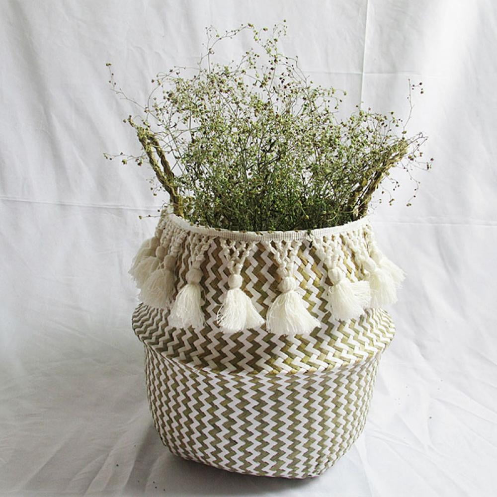 Foldable Seagrass Woven Storage Belly Basket Plant Flower Pot Home Garden Decor 