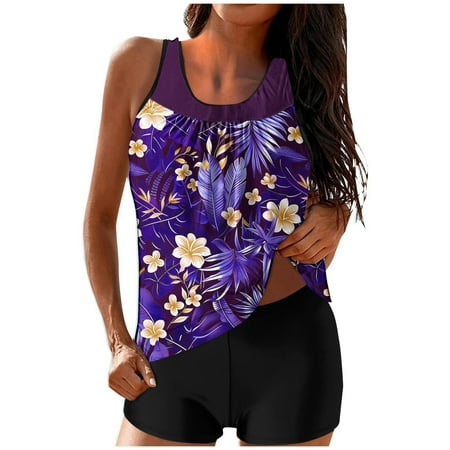 Dezsed Tankini Swimsuits for Women Two Piece Bathing Suits Blouson Tank Top with Boyshorts Tummy Control Modest Swimsuits Clearance Purple M