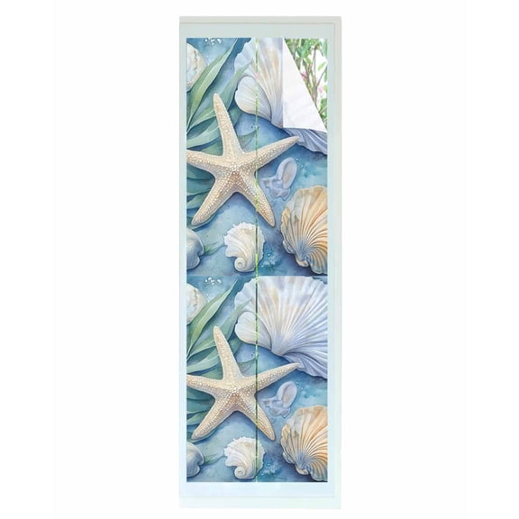 Window Privacy Film Beach Coastal Stained Glass Window Film Decorative Sun Block Window Cover Summer Starfish Nautical Shell Blue Window Clings Static Adhesive Sticker for Bathroom 17.7"x78.7"