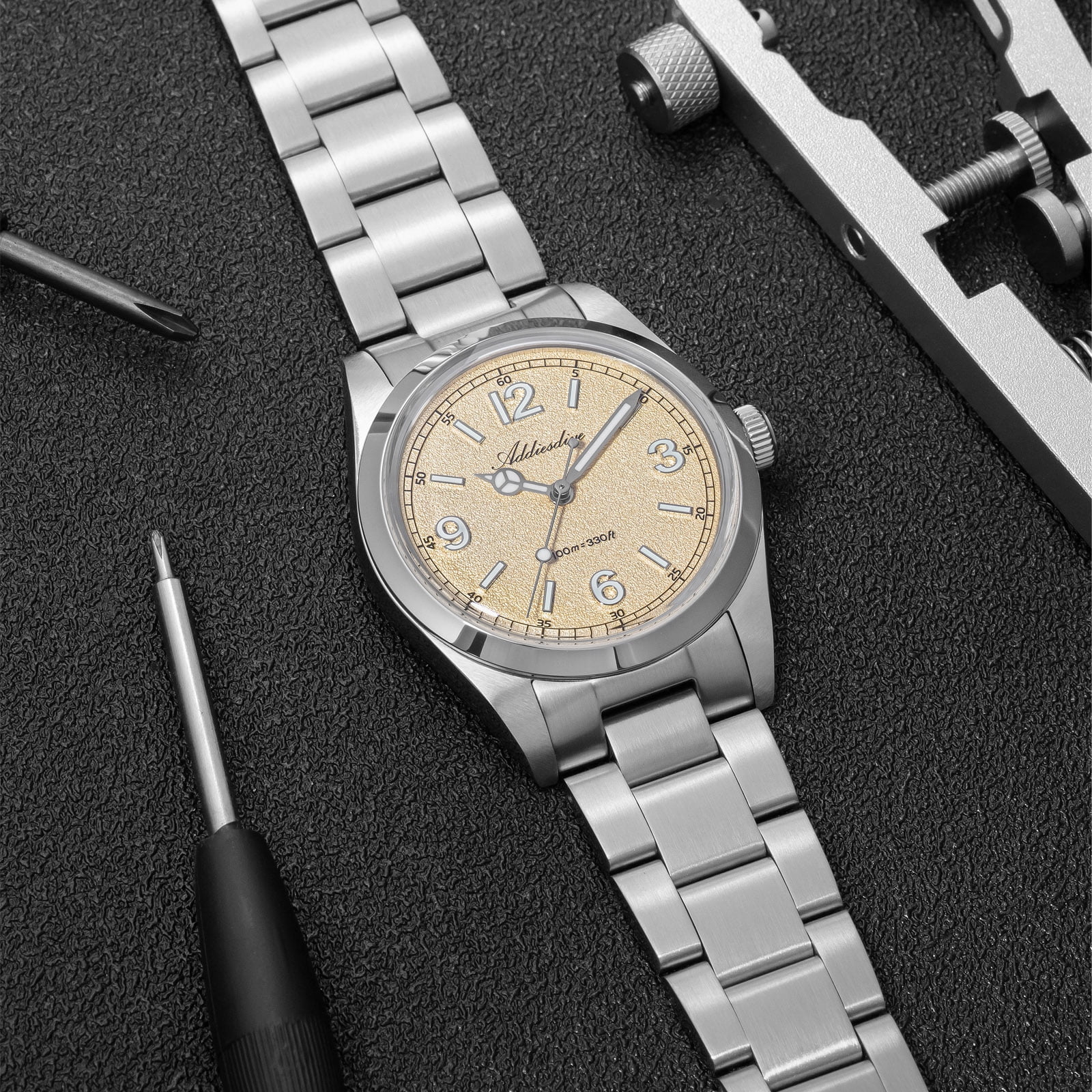 ADDIESDIVE Men's Dive Watch 100m, Japanese Quartz Movement Watch, 316L Stainless Steel Analog Watch with Luminous Yellow Dial