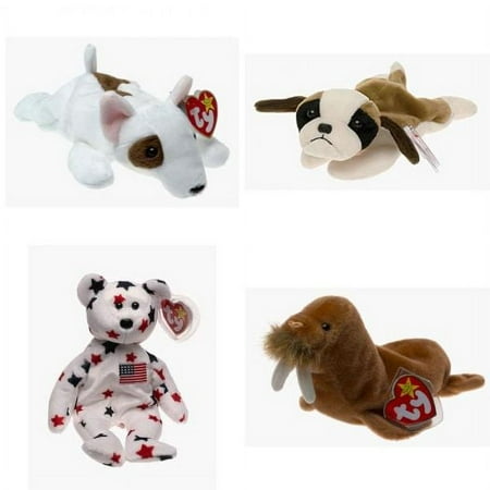 Assorted Ty Beanie Baby 4 Pack Bundle: Butch the Bull Terrier, TY Beanie Baby - BERNIE the St. Bernard Dog, Glory the Bear - Patriotic Bear, Paul the Walrus