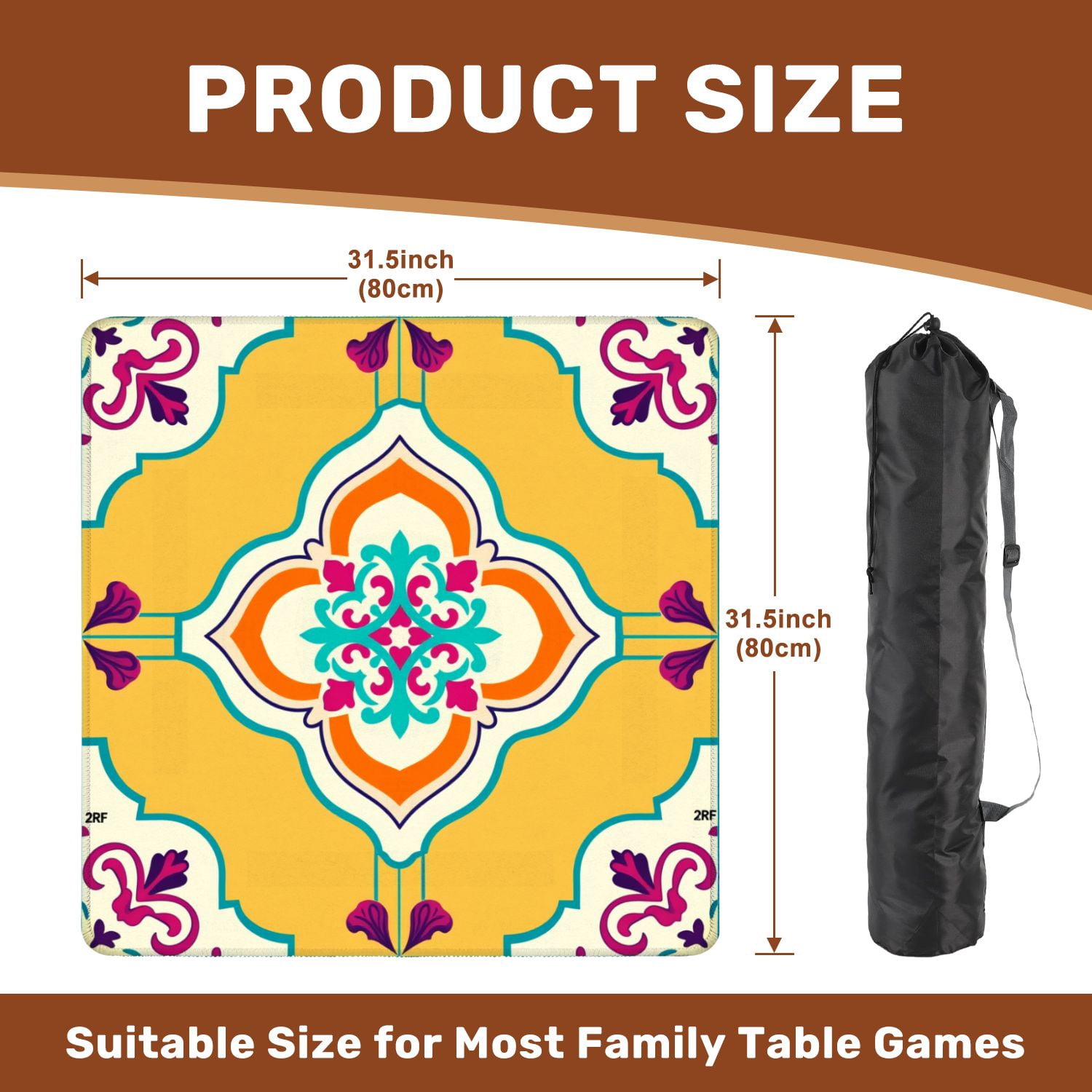 Mahjong Mat 31.5" x 31.5" Ornamental Moroccan Tile Teal Orange Magenta Floral Geometric Motif Non-Slip Noise Reduction American Mahjong Tiles Table Cover for Dominoes Poker Card Board Games Gift