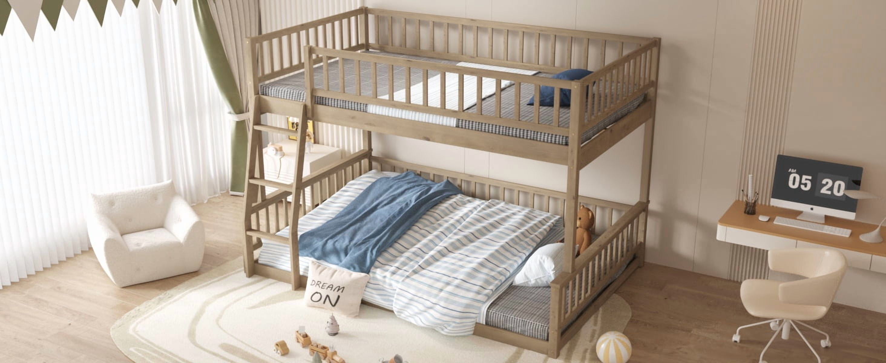 MAYEERTY Full XL over Queen Bunk Bed with Ladder and Guardrails, Walnut