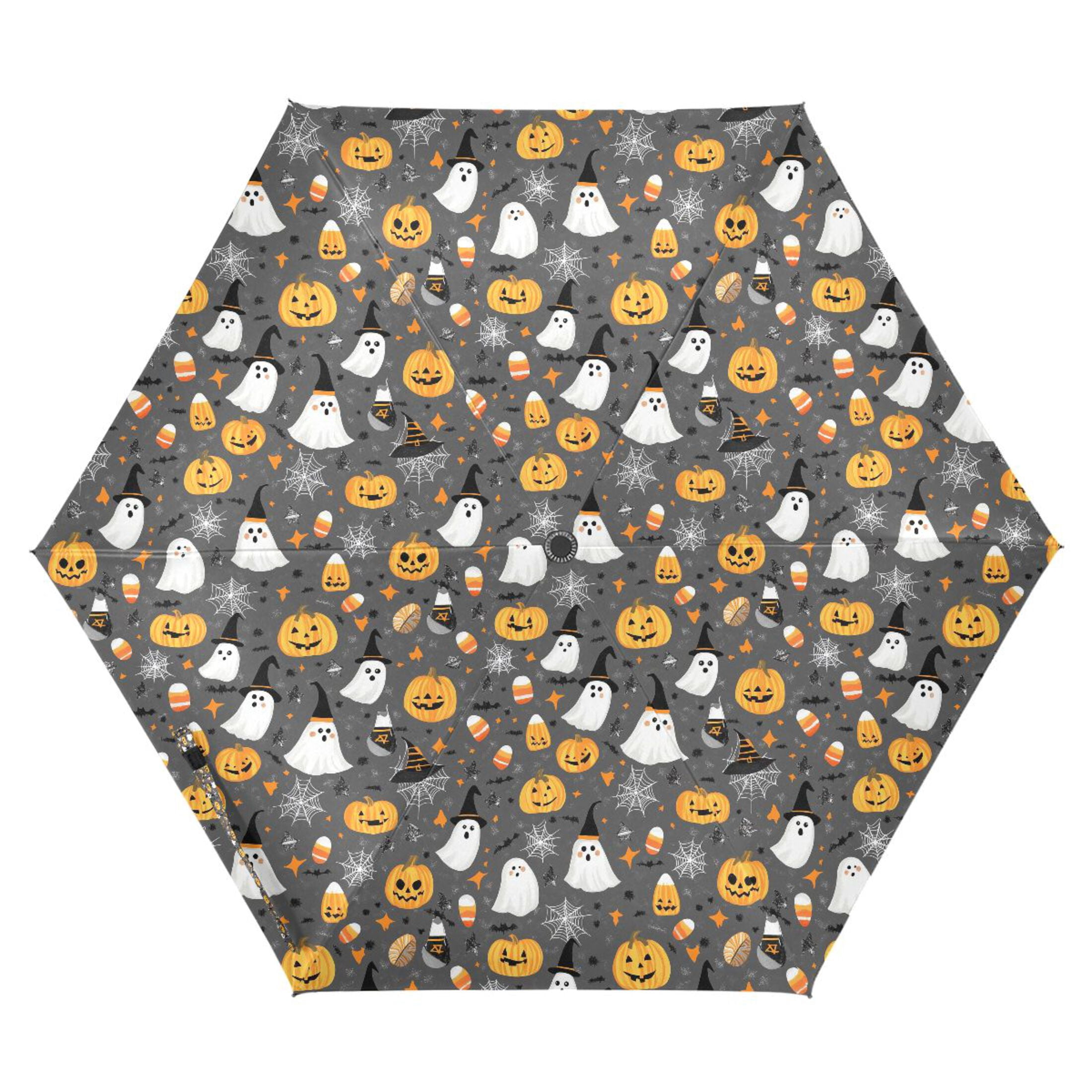 Adorable Ghost Pumpkin Spiderweb Compact Sun Umbrella Windproof Travel Umbrellas for Rain Strong Portable UV Protection