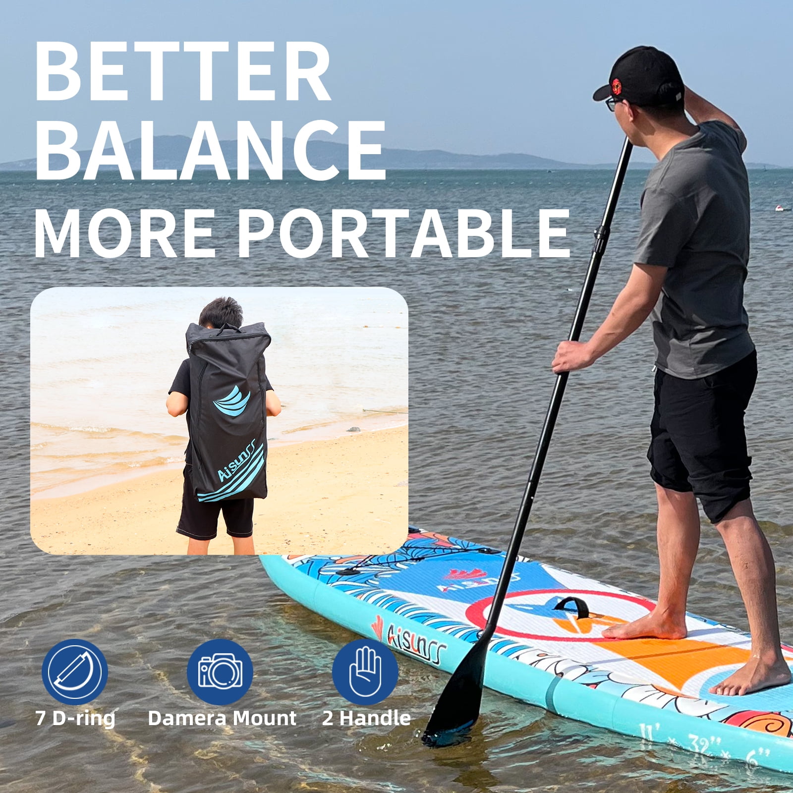 AISUNSS Inflatable Stand-Up Paddle Board: Wide SUP with Full Accessories, Anti-Slip EVA Deck, Paddleboard for Yoga/Surfing/Fishing & More, for Youth & Adults, Beginner-Friendly