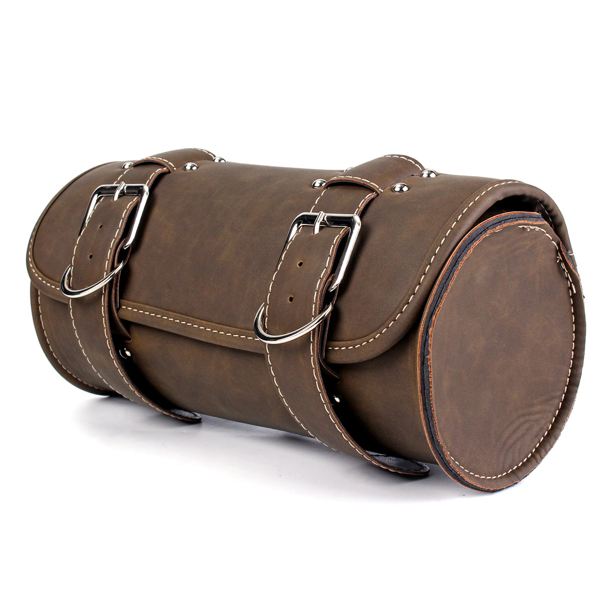 Brown Motorcycle Saddlebag Roll Barrel Bag Storage Leather Tool Pouch