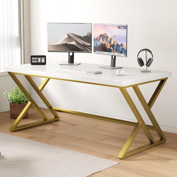 LVB White and Gold Desk, Modern Wood Home Office Computer Desk, Metal Study Executive Writing Table for Gaming Writing Work, Farmhouse Simple Compact Student PC Desk for Bedroom, 55 Inch