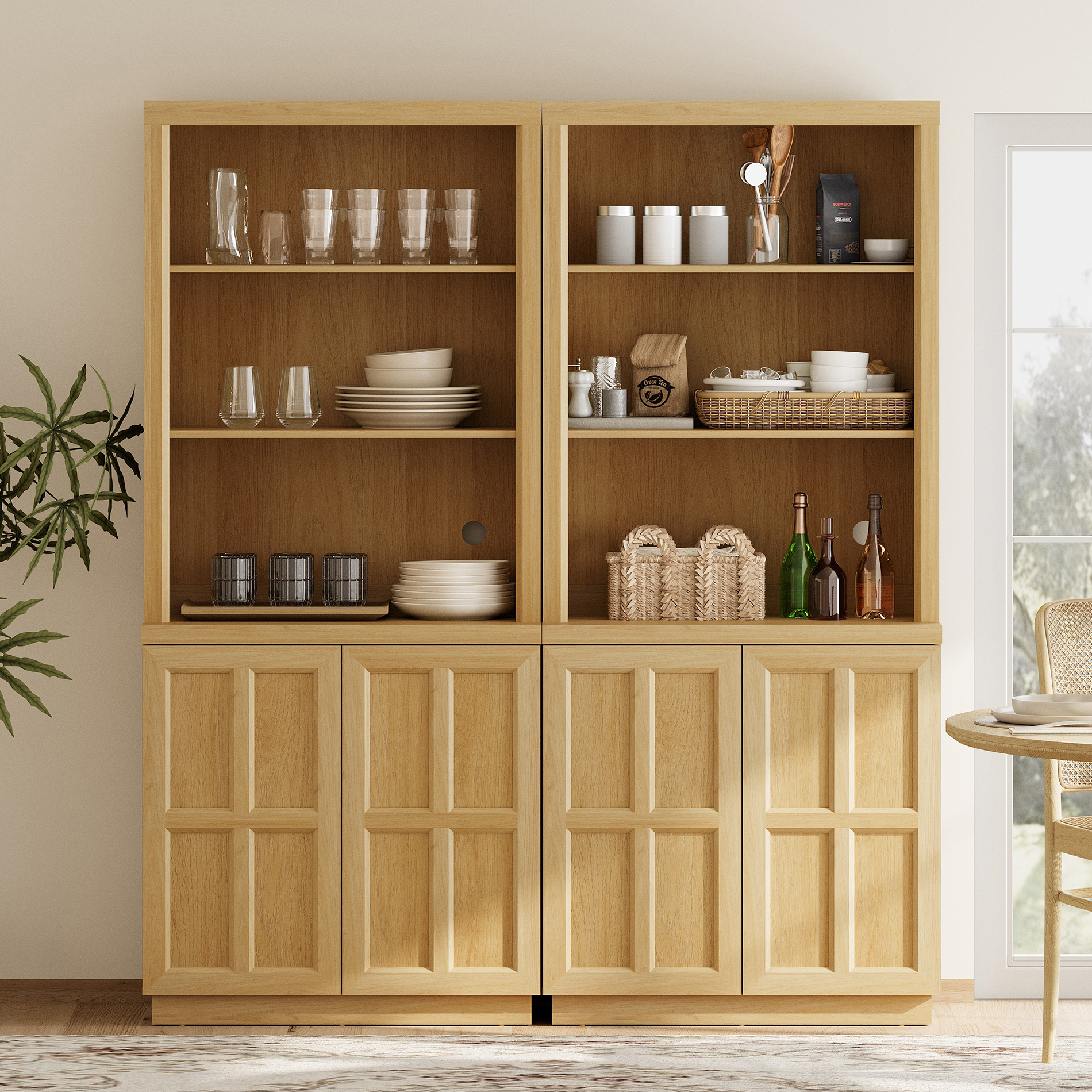 HOMOOI 2-in-1 Freestanding Pantry Cabinet, Boho Rustic Hutch with Open Display Shelves & Adjustable Inner Shelves, Anti-Wobble Wooden Storage Organizer for Kitchen, Dining Room, Entryway,Oak