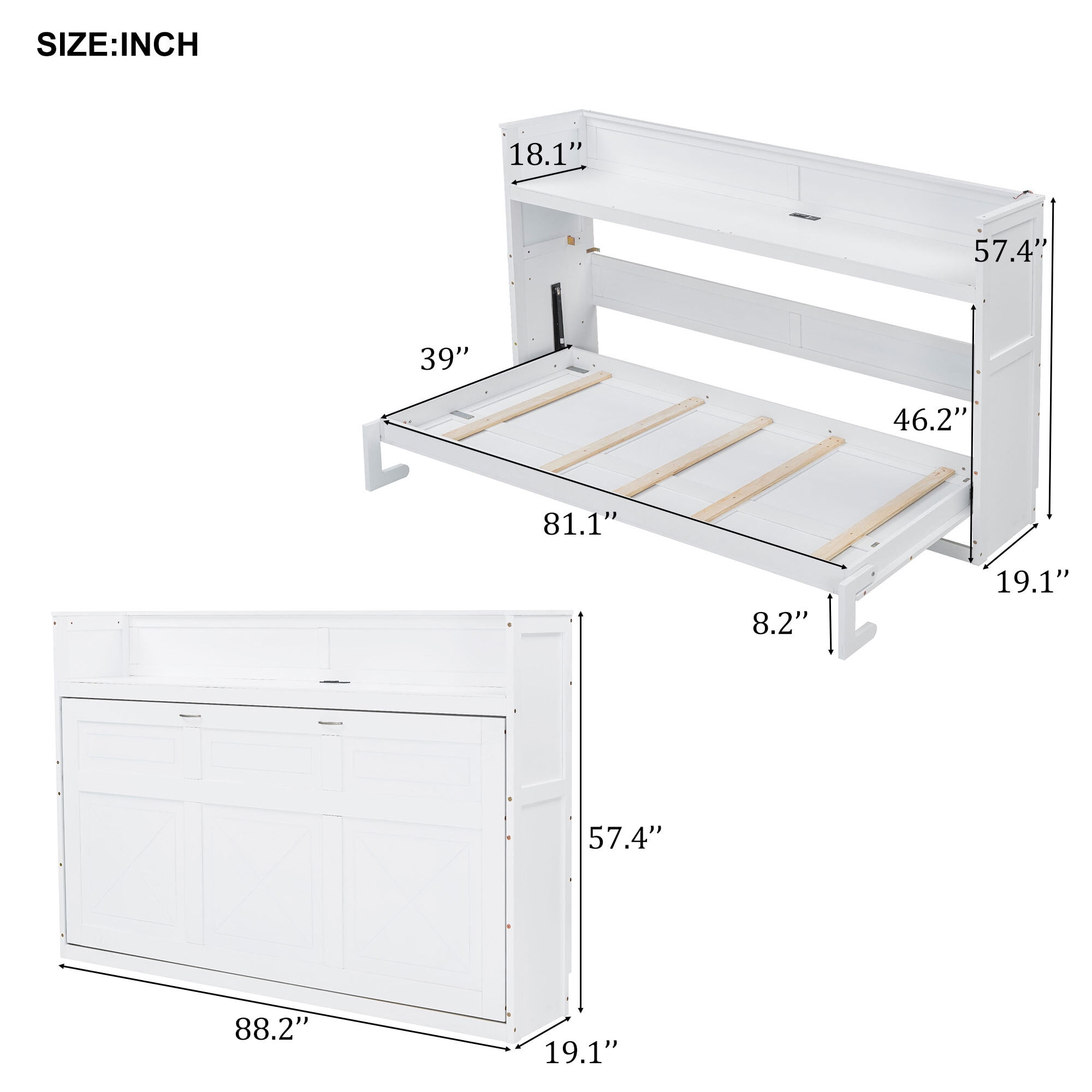 Euroco Wood Twin XL Murphy Bed with Desk and LED Light, Storage Wall Bed with USB Charging Station