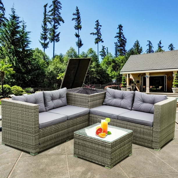 Rattan corner sofa set with storage box and table in grey discount