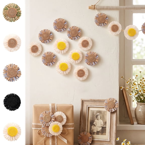 AYktou 10Pcs Sunflower Straw Appliques, 3.1 Inch Craft Embellishment Woven Sunflower, Artificial Flowers Floral Ornaments DIY Accessories for Wall Decor Shoes Hats Bags Gift Box Wreath Wrapping