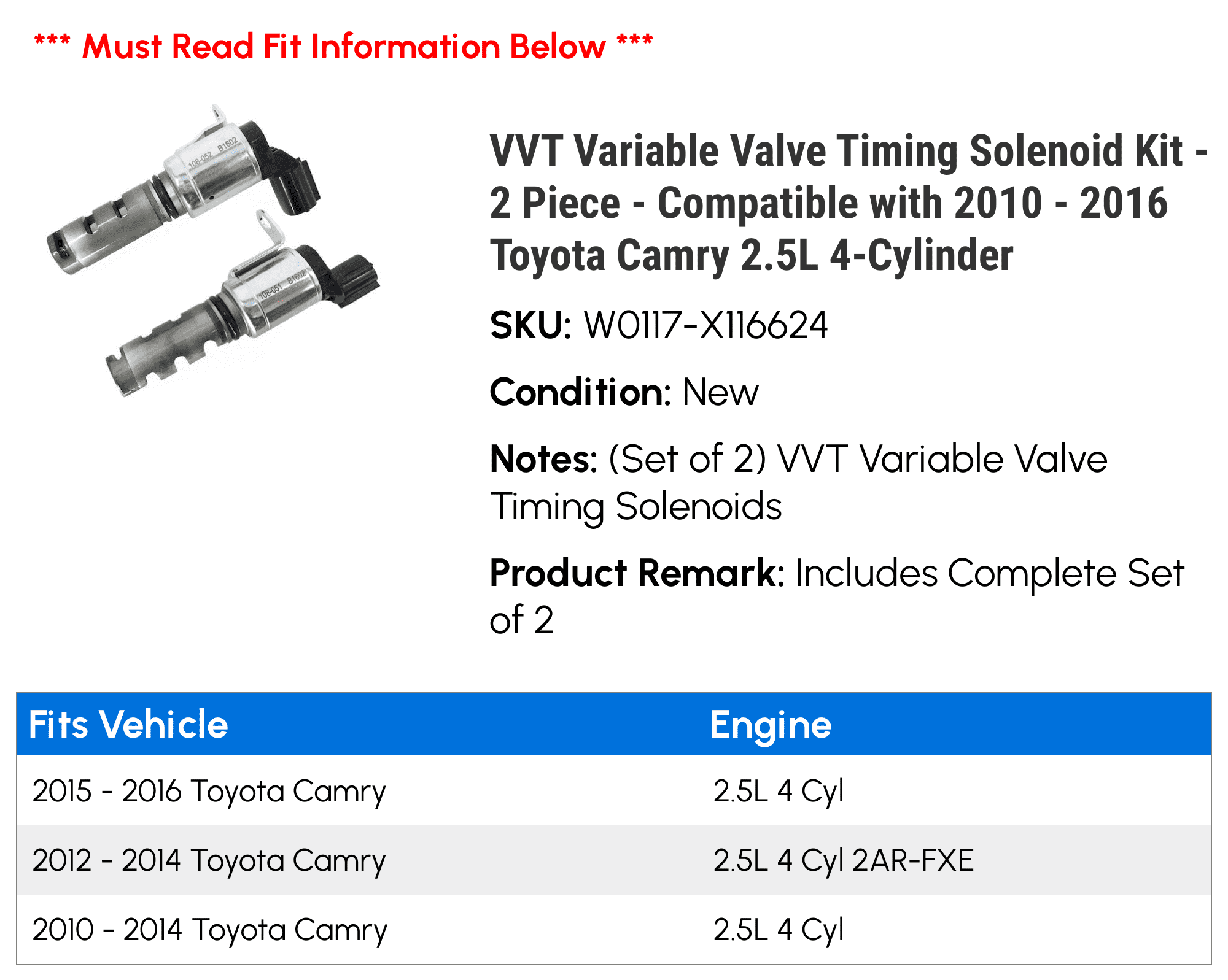 VVT Variable Valve Timing Solenoid Kit - 2 Piece - Compatible with 2010 - 2016 Toyota Camry 2.5L 4-Cylinder 2011 2012 2013 2014 2015
