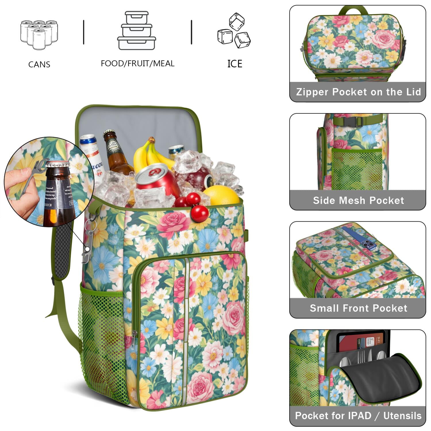 Travel Cooler Bag - Pioneer Flower Floral Print Pattern Camping Beer Cooler Backpack with Bottle Opener- Waterproof Insulated Picnic Backpacks - Cooler Bag for Beach