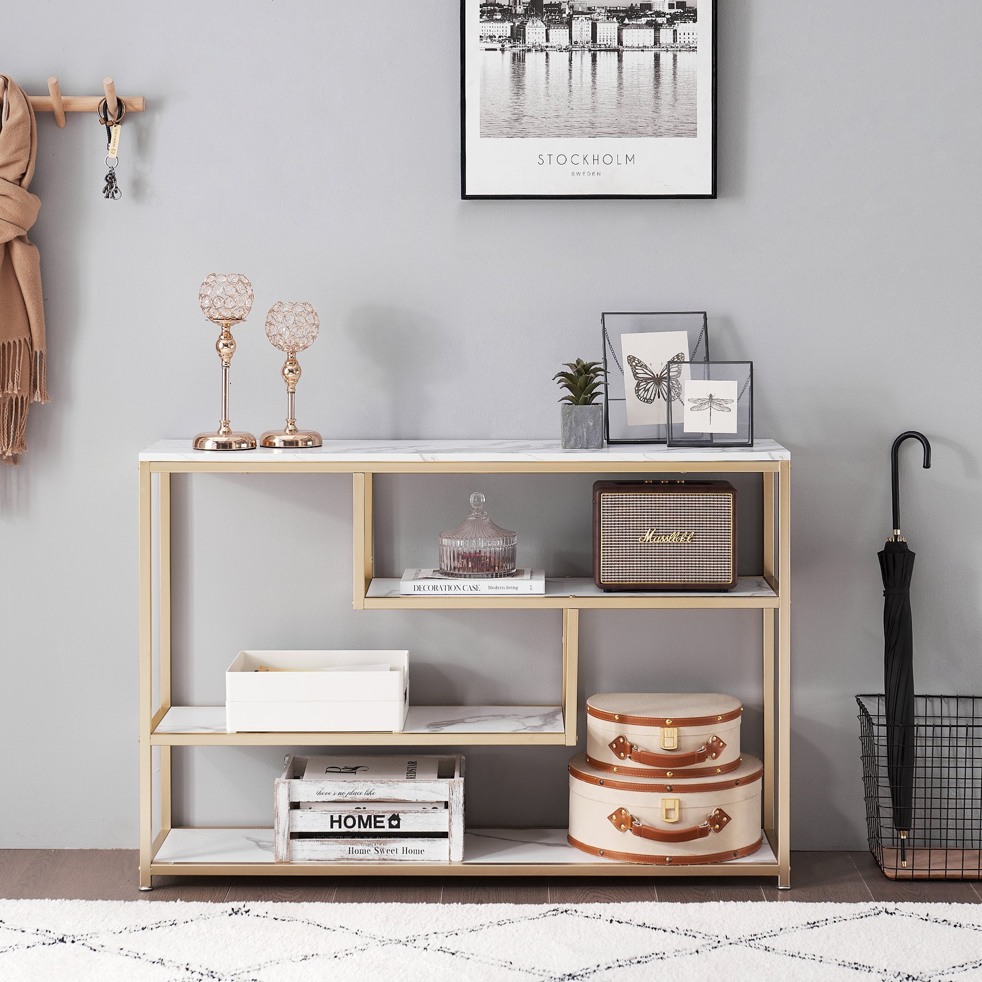 Ivinta 3-Tier White Marble Console Table with Shelves, Entryway Table TV Stand with Gold Metal Frame