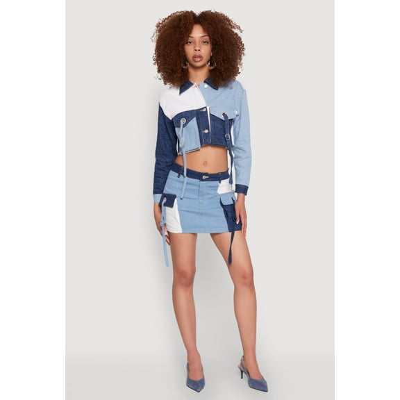 Womens Color Blocked Denim Cargo Skirt
