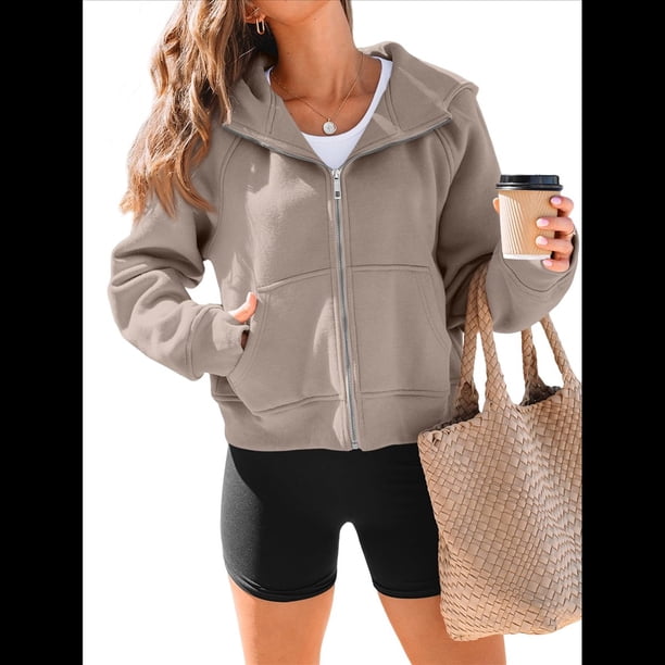 Sudaderas con Capucha y Cremallera para Mujer, Chaquetas de Forro , Sudaderas de Gran Tamaño, Conjuntos de Moda de Otoño, Suéteres, Ropa de Invierno. Caqui XL