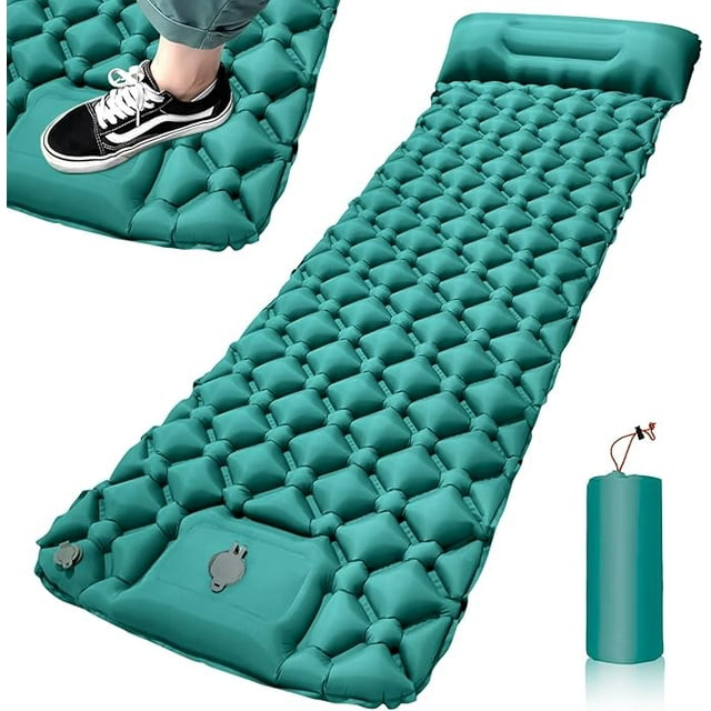 Portable inflatable camping mattress with pillow, self-inflating beach mat with foot pump