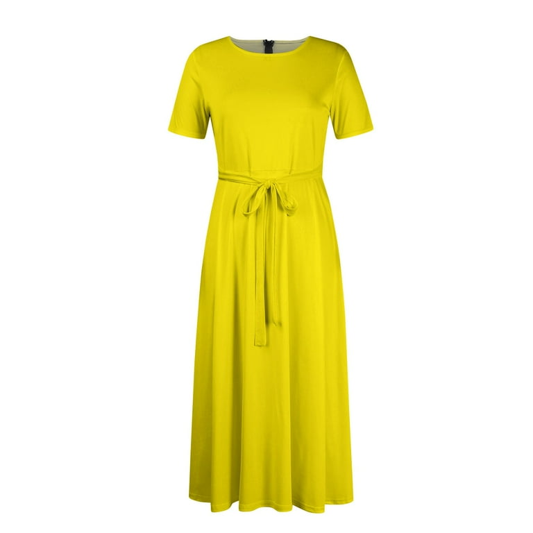 plus size yellow t shirt dress Huresd Plus Size Dresses For Women Crew Neck Short Sleeve Lace up Flowy Swing Pocket T Shirt Dress Solid Color Summer Dresses Yellow 4XL