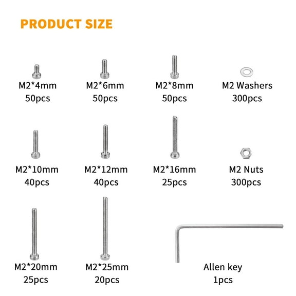 GHRTGR-900 Pcs M2 Screws, Nuts and Washers Set - Hex Socket Head Cap Screws Kit - Stainless Steel Bolts Assortment - Metric Machine Screws With Fully Threaded Hex Nuts
