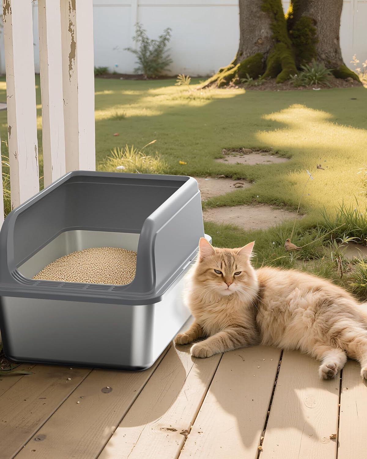 Stainless Steel Cat Litter Box with Scoop, High Sided Anti-Leakage Top Entry, Non-Sticky Easy to Clean Grey Metal Pet Pan