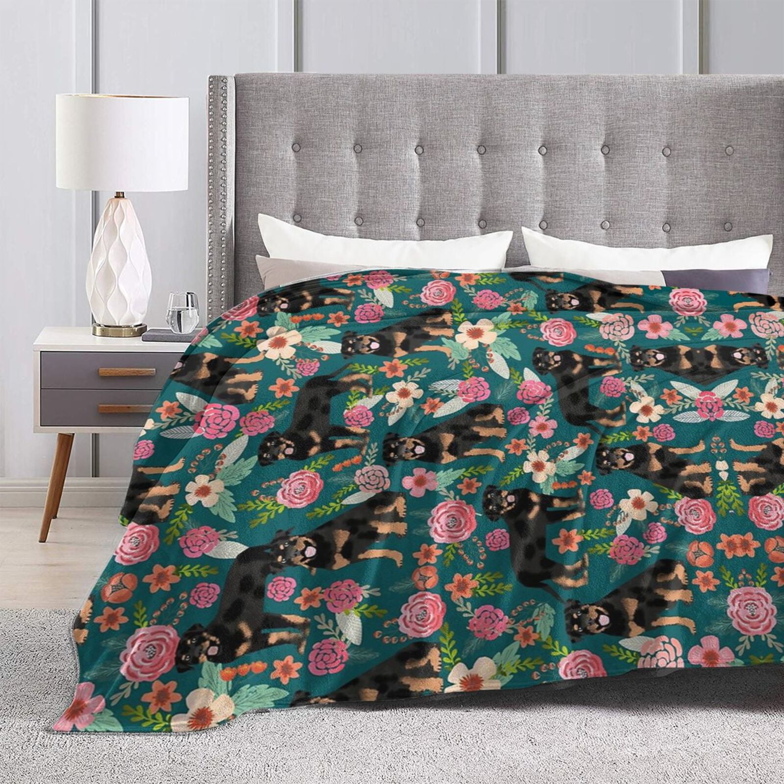 Wijzvio Rottweiler Floral Dog Throw Blanket Soft Fuzzy Fleece Blanket For Couch Bed Living Room Decoration 60"X50"