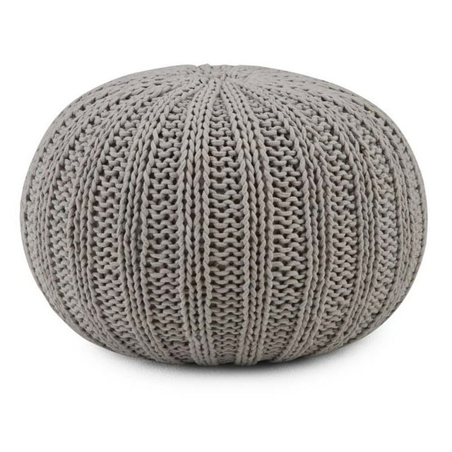 Simpli Home Shelby Boho Round Hand Knit Pouf in Dove Gray Cotton
