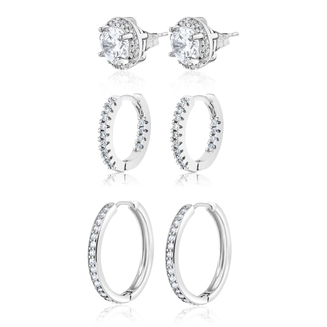 JeenMata Multipack 3 pares de aros clásicos, mini aros y halo con diseños brillantes - Paquete de pendientes combinados para mujer - Multipack de joyas para uso diario