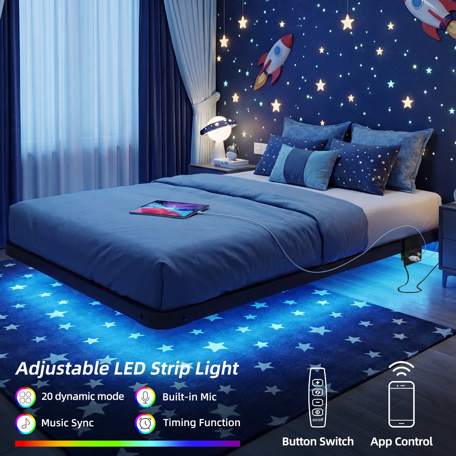 Fairy Twin Bed Frame with Charging Station, LED Lights, Heavy-Duty Metal Platform, Black