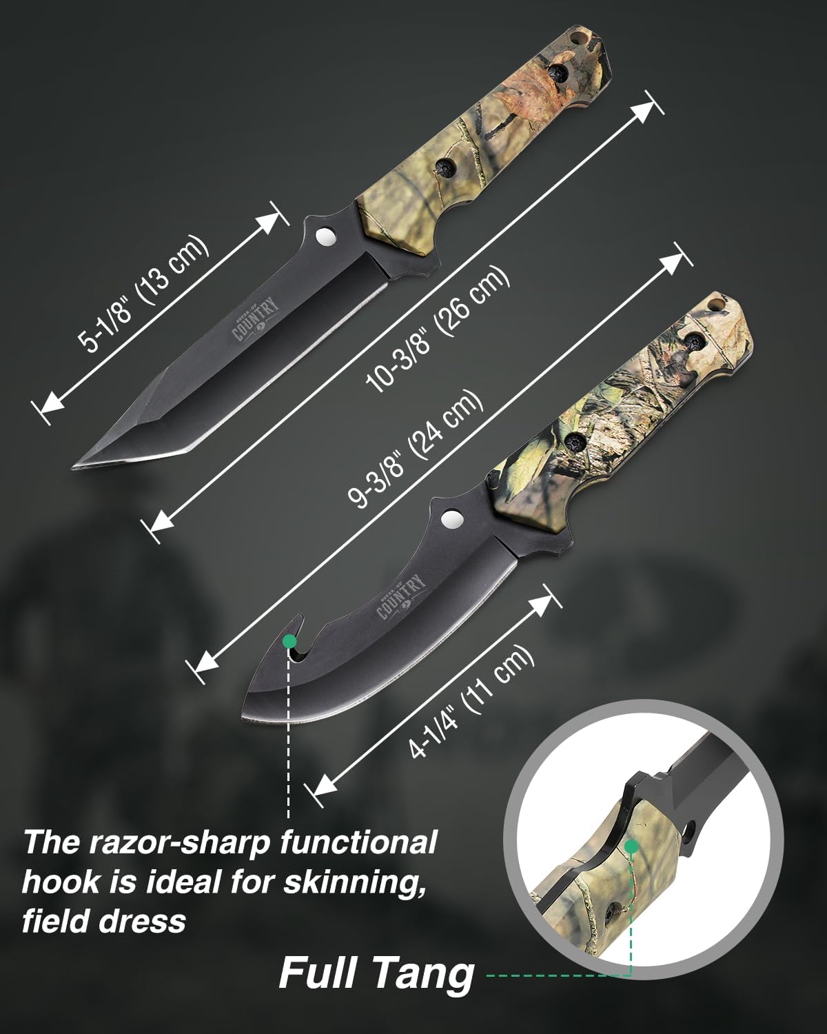 Fixed Blade Hunting Knife Set - 2 Piece, Full Tang Handle Straight Edge and Gut Hook Blades Game Processing Knife, Sheath Included - Yellow Camo