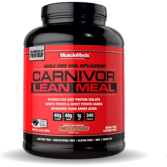 MuscleMeds Carnivor Lean Meal Whole Food Meal Replacement Shake – 40g Beef Protein Isolate & Carbs – Sugar-Free, Lactose-Free – Chocolate Fudge, 4.4 lbs