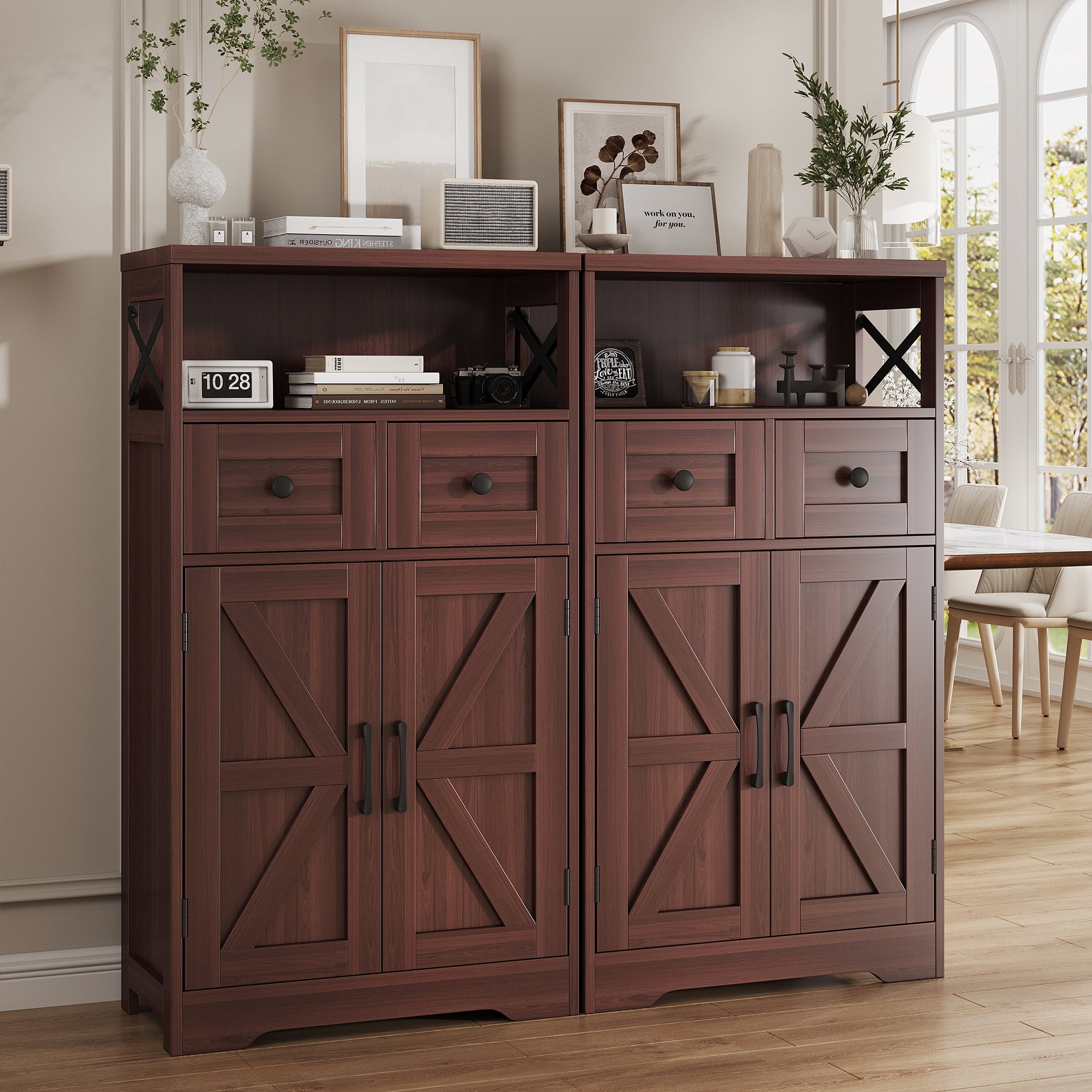 Pantry Cabinet, 43" Kitchen Pantry Storage Cabinet with Open Shelf , 2 Drawers, Adjustable Shelves, Dark Brown