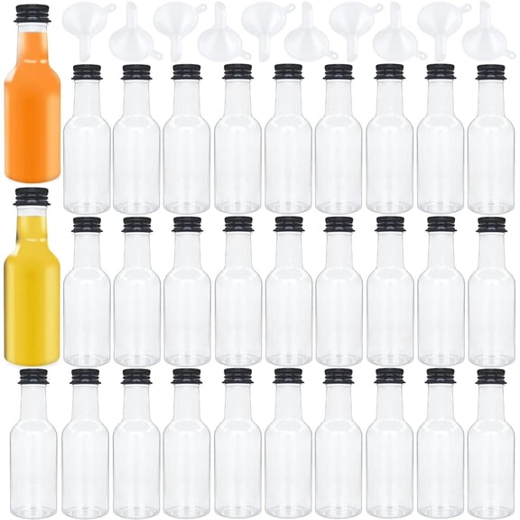 30 Pack 1.7oz Mini Liquor Bottles with Black Cap, Plastic Alcohol Bottles with 10 Funnels for Weddings, Party Supplies