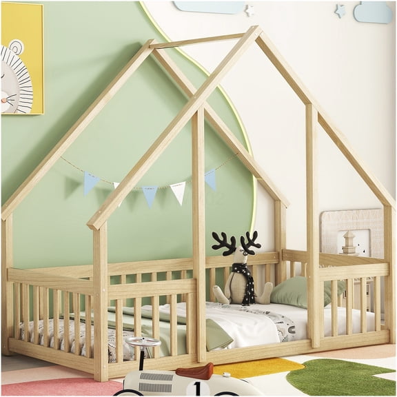 Twin Size Floor Bed with House Frame & Safety Rails, Low Profile Platform Bed with Fence